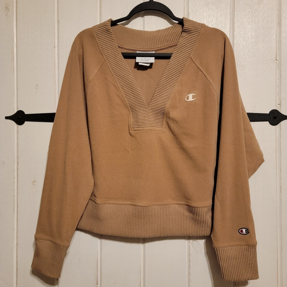 Champion Womens Sweatshirt Tan V-neck Size Large